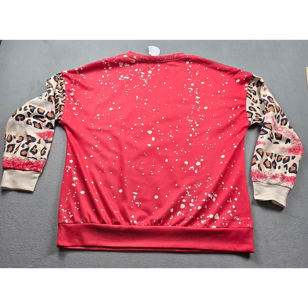 Womens Red Creme Highland Cow Light Sweatshirt Med Leopard Print Sleeve Relaxed - Picture 6 of 8